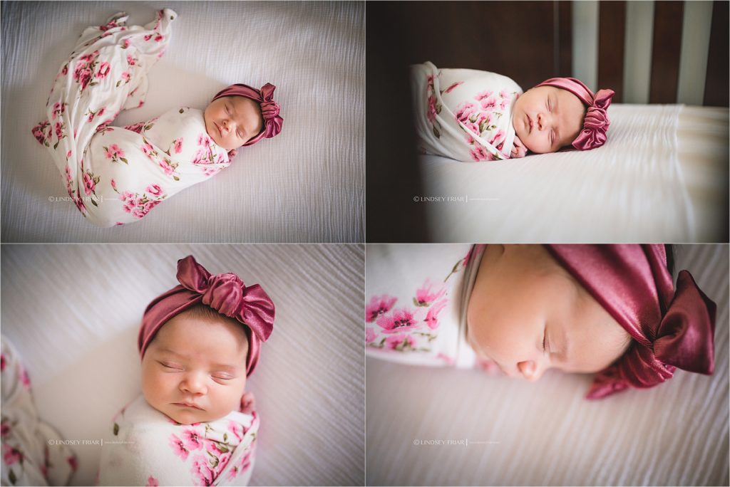 detail shots of newborn girl swaddled in a floral blanket with matching velvet bow