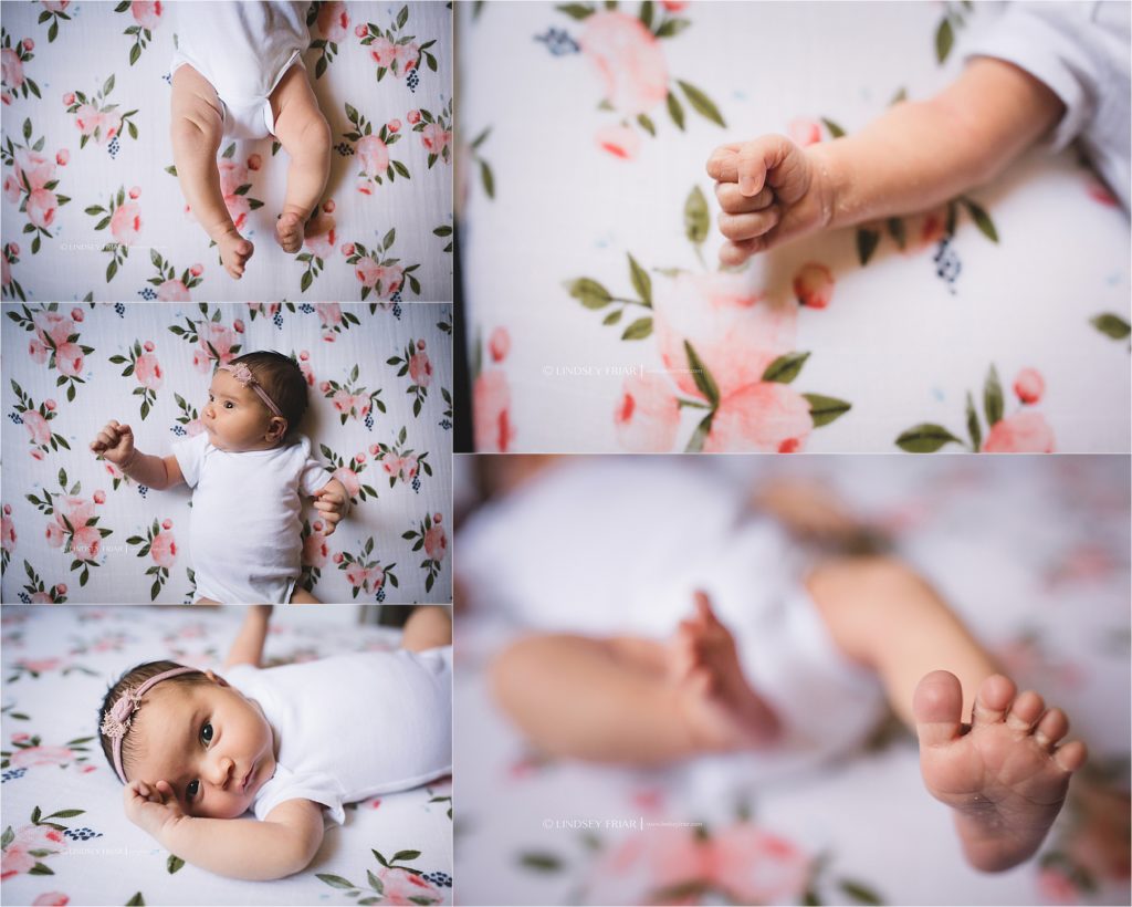 details shots of newborn on floral crib sheets